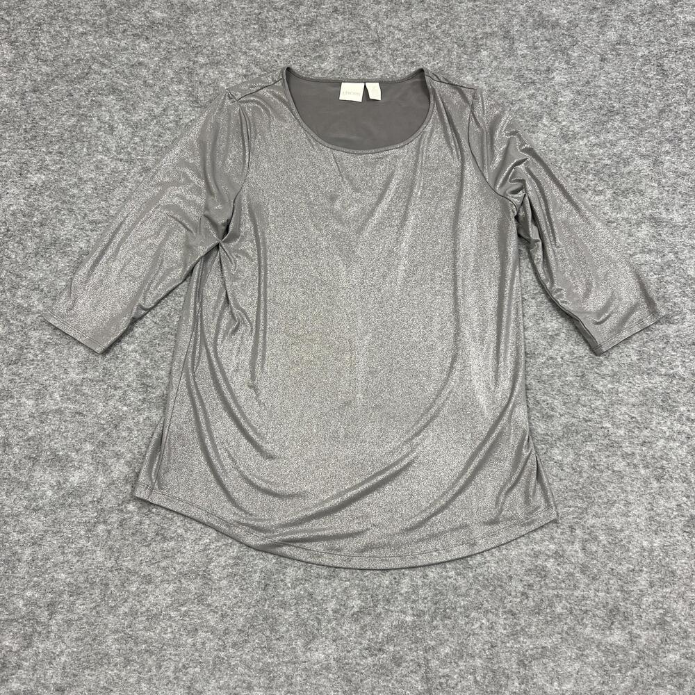 Chicos Top Womens L Silver Scoop Neck 3/4 Sleeve Glitter Party Stretch Relaxed